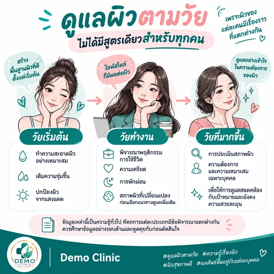 โพสต์ให้ความรู้ ดูแลผิวตามวัย แบ่งเป็นวัยเริ่มต้น วัยทำงาน และวัยที่มากขึ้น